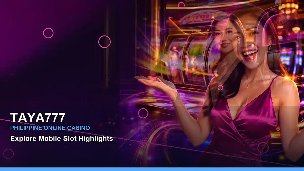 TAYA777 neon slot artwork with an adult Filipina casino host positioned on the right