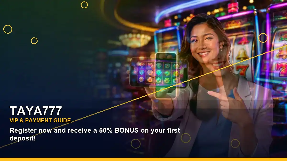 Lucky reels slot action featuring an adult Filipina casino host in a wide composition